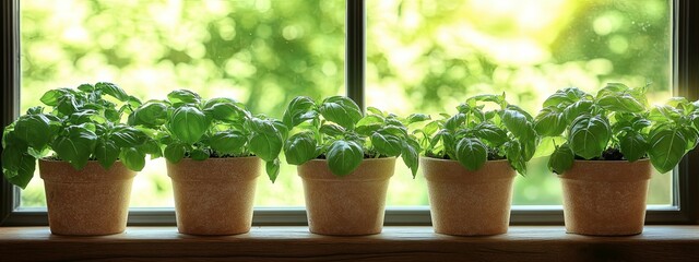 Five potted basil plants on a windowsill with a blurred green background