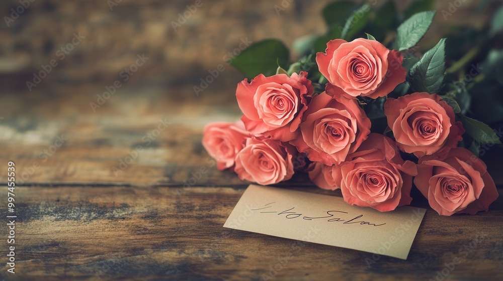 Poster Pink roses are beautifully arranged next to a handwritten note on a rustic wooden table, creating a warm and inviting atmosphere. Generative AI