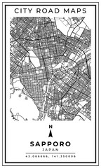 Obraz premium Monochrome Line Art Map of Sapporo City of Japan, Illustration and home decoration