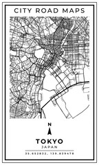 Obraz premium Monochrome Line Art Map of Tokyo City of Japan, Illustration and home decoration