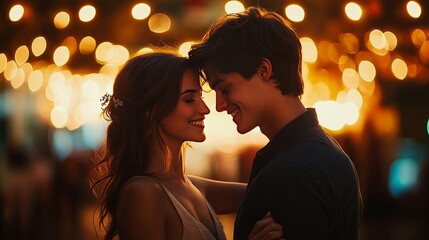 A Couple Embraces Under a Canopy of Warm Lights