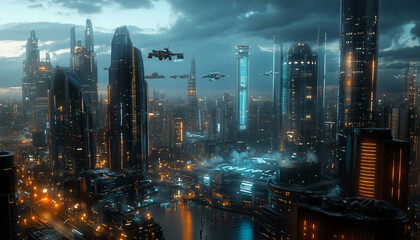 Obraz premium A sci-fi city with sleek skyscrapers, flying vehicles, and glowing holograms, offering a glimpse into a high-tech future