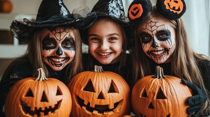 Fototapeta premium Halloween Celebrations with Witches and Pumpkins in an Autumn Forest Setting