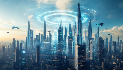 Naklejka premium A sci-fi city with sleek skyscrapers, flying vehicles, and glowing holograms, offering a glimpse into a high-tech future