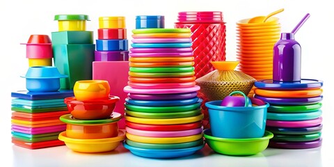 A vibrant and colorful arrangement of various plastic containers, bowls, and plates in a playful composition