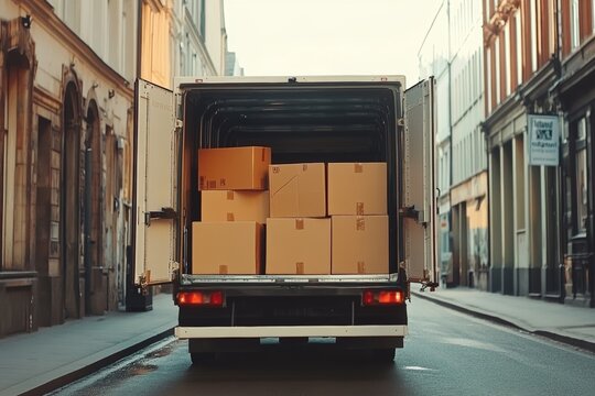 A moving truck parked on a city street with open doors revealing boxes ready for delivery during daylight hours