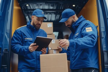 Delivery team uses tablet while loading packages in a delivery van during daylight hours