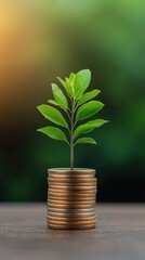 A tree with digital branches growing from a stack of coins, representing tech-based financial growth, peaceful, soft lighting, realistic, medium shot.