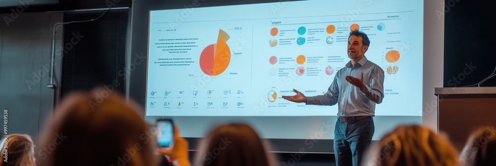 Fototapete an expert presents confidently at a conference, using colorful charts to illustrate key points to an