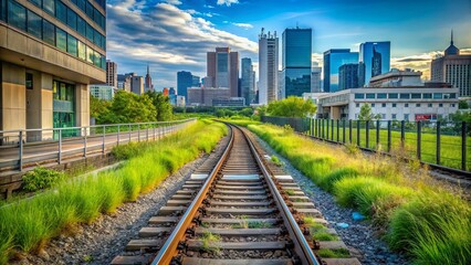 Fototapeta premium A solitary train track winds its way through a verdant landscape, offering a serene escape from the towering skyscrapers that line the horizon.