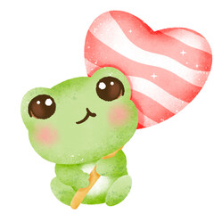 A watercolor hand drawn cute illustration for love valentines day invitations greetings heart printable a frog holding a heart lollipop 