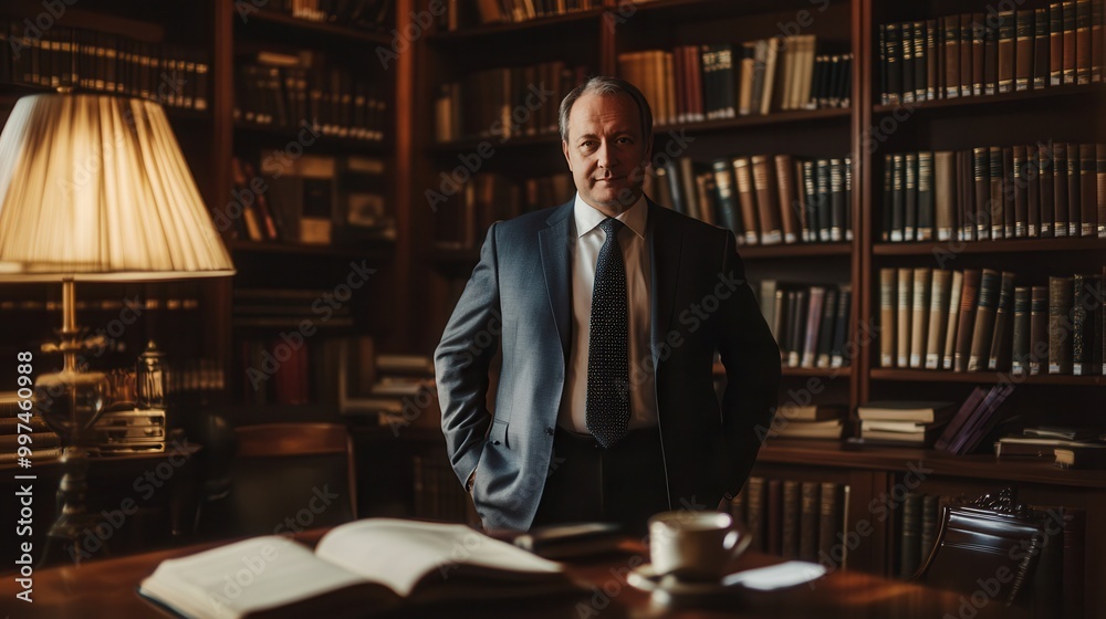Fototapete A professor in a suit stands confidently in front of a large bookshelf, exuding expertise and intellectual authority in a well-appointed study. Generative AI
