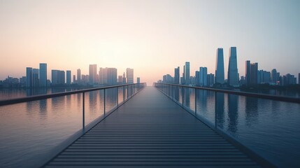 Obraz premium A bridge spanning across a sea of financial data, with skyscrapers on the horizon, symbolizing strategic business growth, peaceful, natural light, realistic, medium shot.