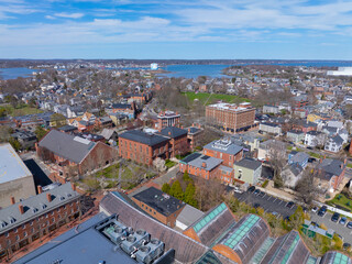 Fototapeta premium Salem historic downtown aerial view including Daland House, Armory Building and Hawthorne Hotel in city center of Salem, Essex County, Massachusetts MA, USA. 
