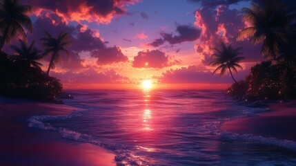 Obraz premium exotic beach scene at sunset palm trees silhouetted against the vibrant sky a tranquil summer vacation vibe colors blending harmoniously to evoke peace and relaxation