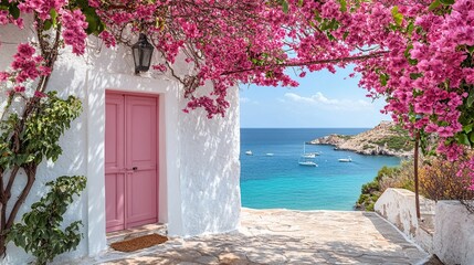 Fototapeta premium Coastal view with pink flowers and a door.