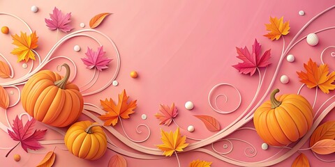Autumnal Delights A Festive Arrangement of Pumpkins, Leaves, and Swirling Vines on a Pastel Pink Background