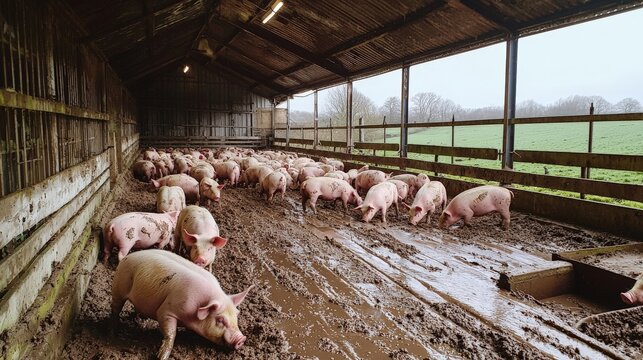 A large pigsty with pigs rolling in the mud and feeding from troughs