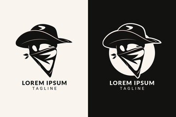 Cowboy hat and face covered bandit logo concept illustration in high contrast black and white