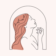 Woman facing up inside arch minimalist one line art illustration