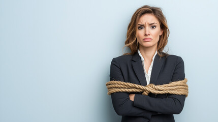 Bound by Constraints: A businesswoman, bound by a rope, stares intensely at the camera, conveying a sense of limitation and struggle. The image evokes feelings of constraint and resilience. 