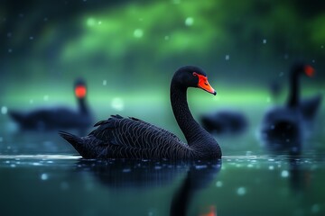Black swan swimming in calm water, serene and elegant scene
