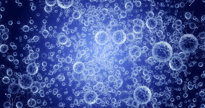Bacteria, science and microbe in animation by blue background with 3d for clinical study. Virus, germ and pattern with closeup, zoom and glow on particles, dna or research for future innovation