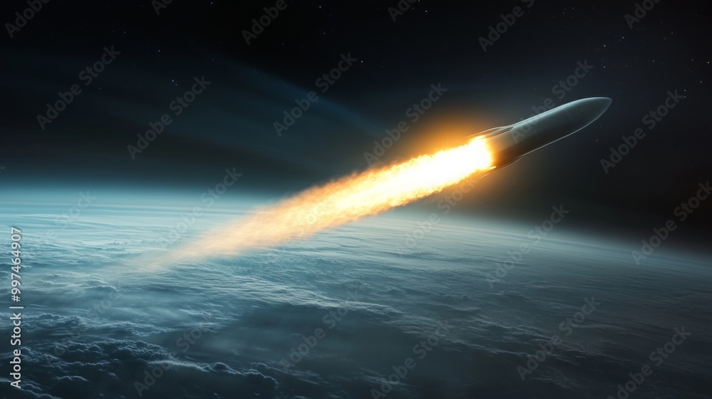 Poster a rocket ascends through the atmosphere, leaving a bright trail of fire behind it. the rocket is see