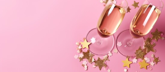 Fototapeta premium Two Glasses of Champagne on Pink Background with Gold Stars
