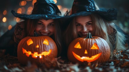 Fototapeta premium Halloween Celebrations with Witches and Pumpkins in an Autumn Forest Setting