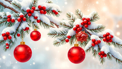 Fototapeta premium Festive red ornaments on a snow-covered pine tree branch in the soft winter glow.