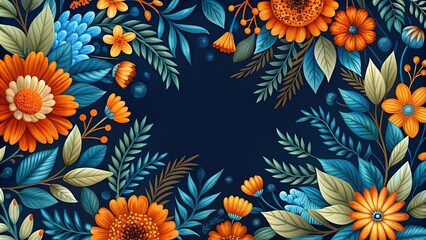 A vibrant floral frame featuring a captivating array of orange and yellow blossoms nestled amidst a lush backdrop of blue and green foliage, creating a visually stunning and harmonious design.