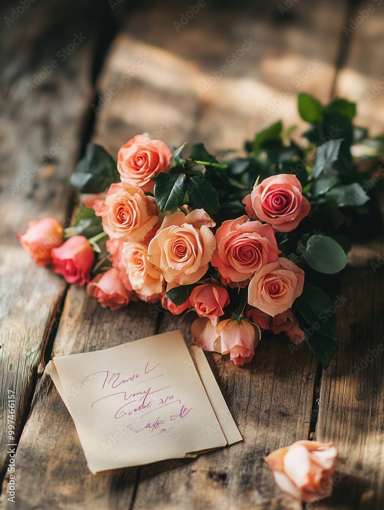 Poster Delicate roses are arranged thoughtfully beside a small handwritten note on a weathered wooden table, casting a gentle shadow. Generative AI
