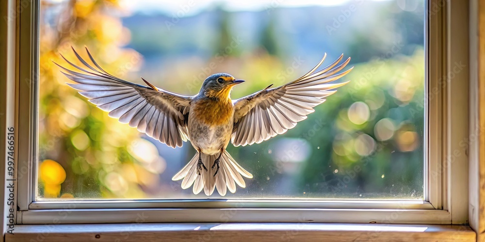 Wall mural a small bird with its wings outstretched, hovers in front of a window pane, while sunlight streams i