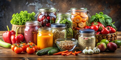 A variety of fresh and preserved produce in glass jars on a rustic wooden table