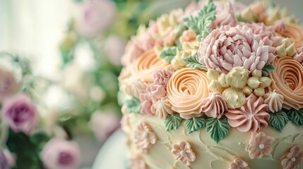 A beautifully decorated cake with pastel-colored icing and floral decorations, perfect for a special celebration or wedding