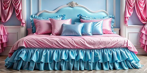 A luxurious bed dressed in soft pink and sky blue satin with a frilled bed skirt and matching pillows.