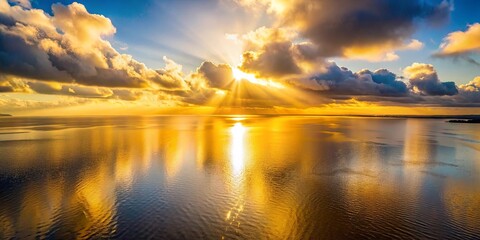 Obraz premium Golden rays of sunlight pierce through dramatic clouds, casting shimmering reflections on the calm water below.