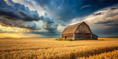 An old wooden barn stands solitary in a field of golden wheat, silhouetted against a dramatic sky of dark clouds and a fading sunset.