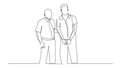 continuous line drawing of male prisoner.one line drawing of male perpetrator of crime.criminal being taken by security officer vector single line concept