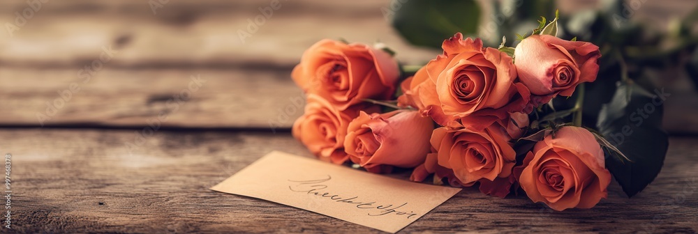Poster A delicate bouquet of orange roses rests on a rustic wooden table, accompanied by a small handwritten note for someone special. Generative AI