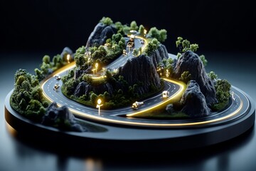 Digital 3D model of a corporate success journey, where different milestones and goals are represented by interactive 3D visuals in a virtual environment