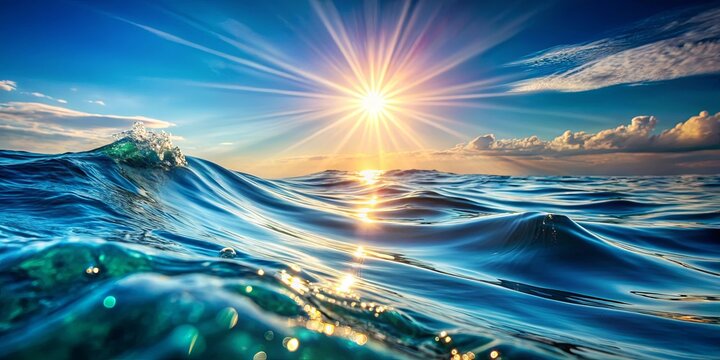 A stunning view of the ocean surface with waves gently rolling in the sunlight, the sky above a vibrant blue with fluffy clouds