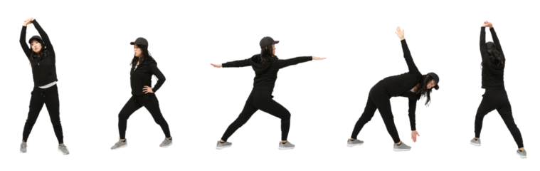 黒いジャージでストレッチする女性　人物切り抜き5アングル