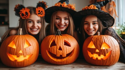 Halloween Celebrations with Witches and Pumpkins in an Autumn Forest Setting