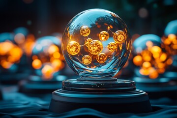 Fantasy-inspired corporate award ceremony, where glowing orbs of light and floating symbols represent magical business achievements and milestones
