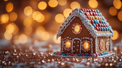 gingerbread house decorated with colorful icing and candy set against a backdrop of softly blurred golden lights conveying warmth and holiday spirit