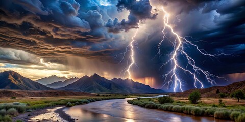 A River Flows Through A Dramatic Landscape Under A Thunderstorm With Two Bright Forked Lightning Bolts