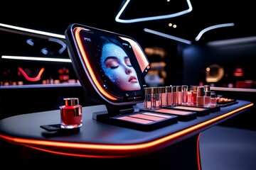 Futuristic cosmetic customization kiosk, where customers use AI to scan their skin and automatically create custom foundation formulas with real-time data