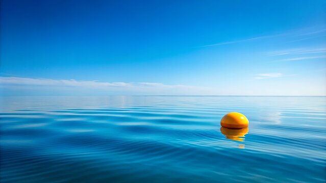 A lone yellow buoy bobs gently in the cerulean expanse of the ocean, its reflection a shimmering echo on the tranquil surface.